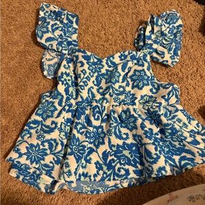 SHEIN White & Blue Floral Ruffle Tank Top